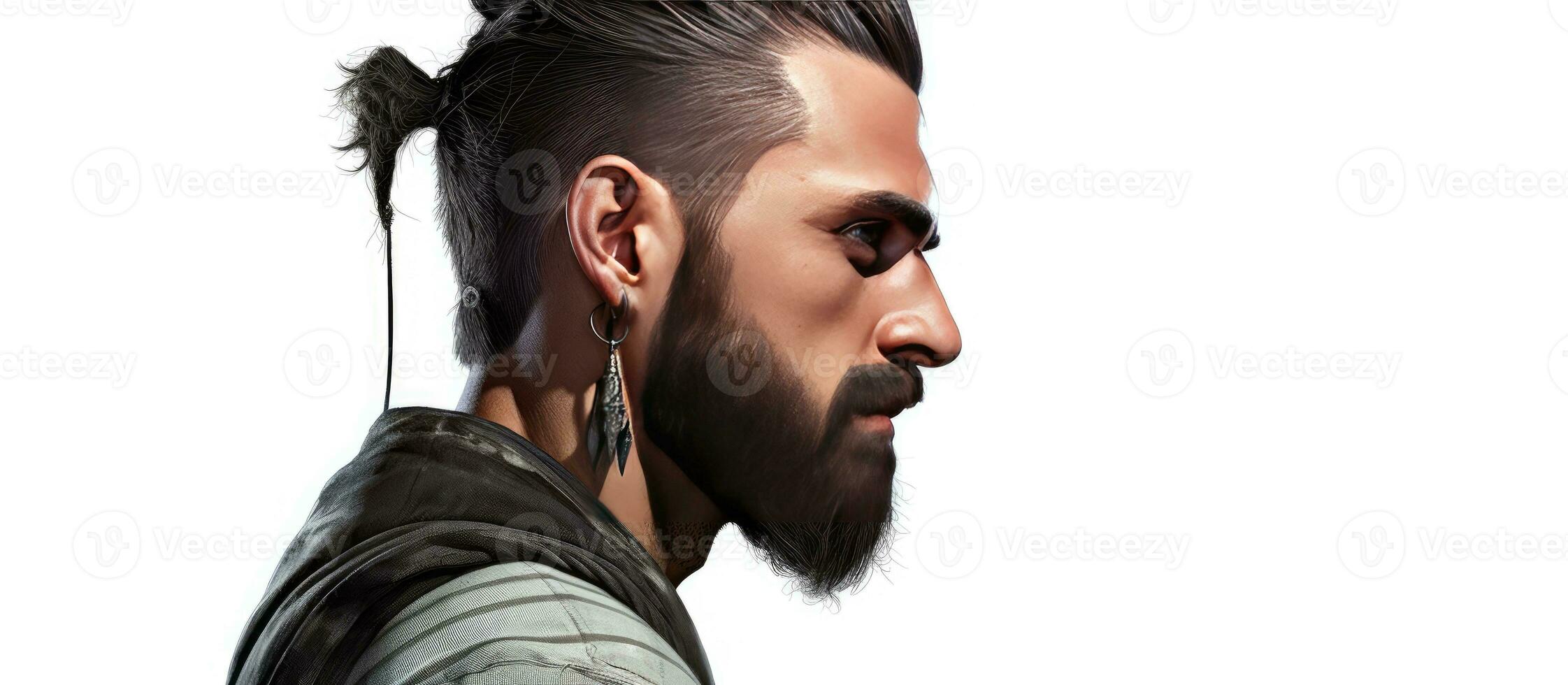 European macho man young and bearded with black hair and ear piercing isolated on white with blank area for text photo