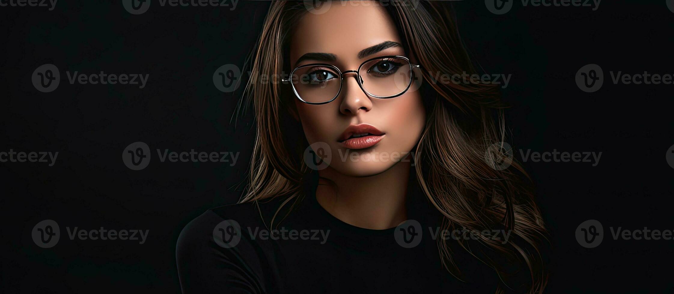 Confident young woman in stylish clothes gazes aside isolated on black background photo