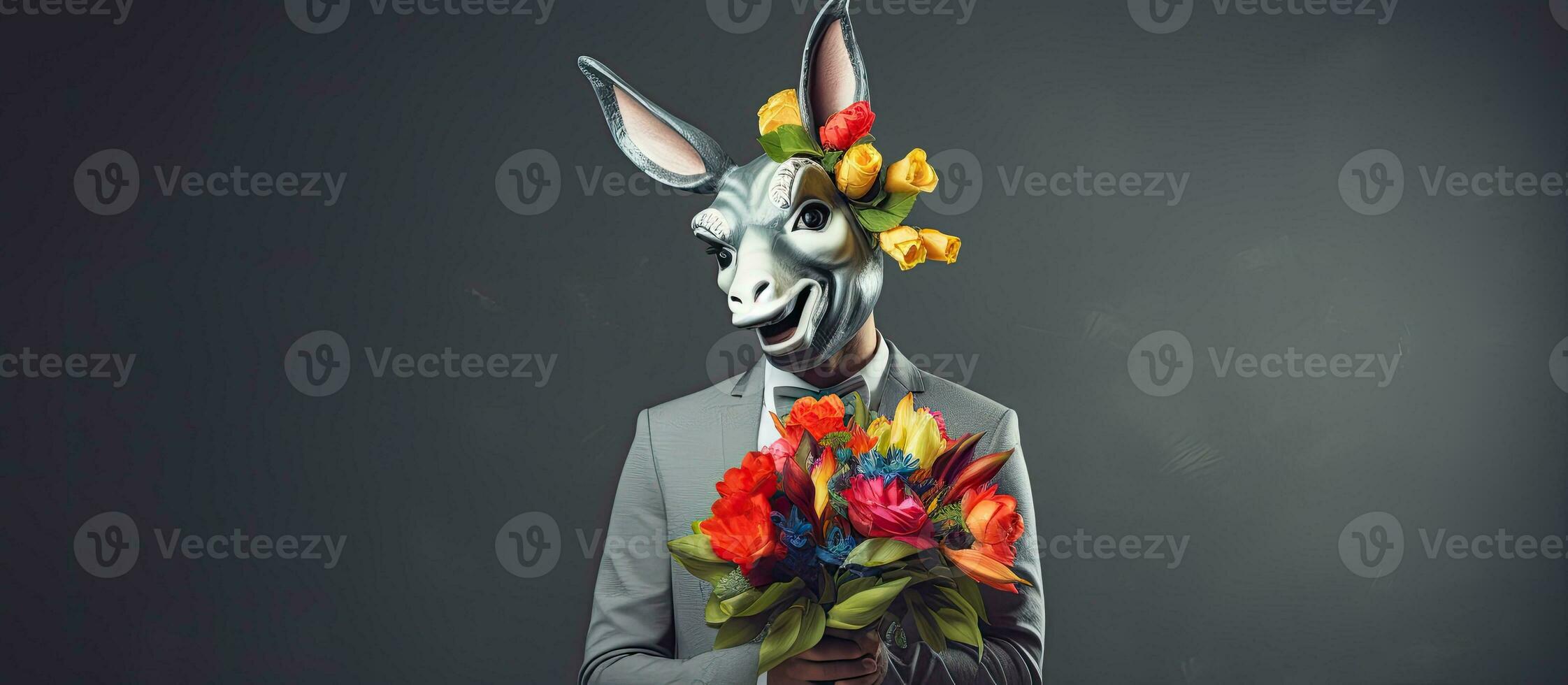 Man in suit wearing donkey mask holding tulips against grey wall backdrop Advertising entertainment fun celebration photo