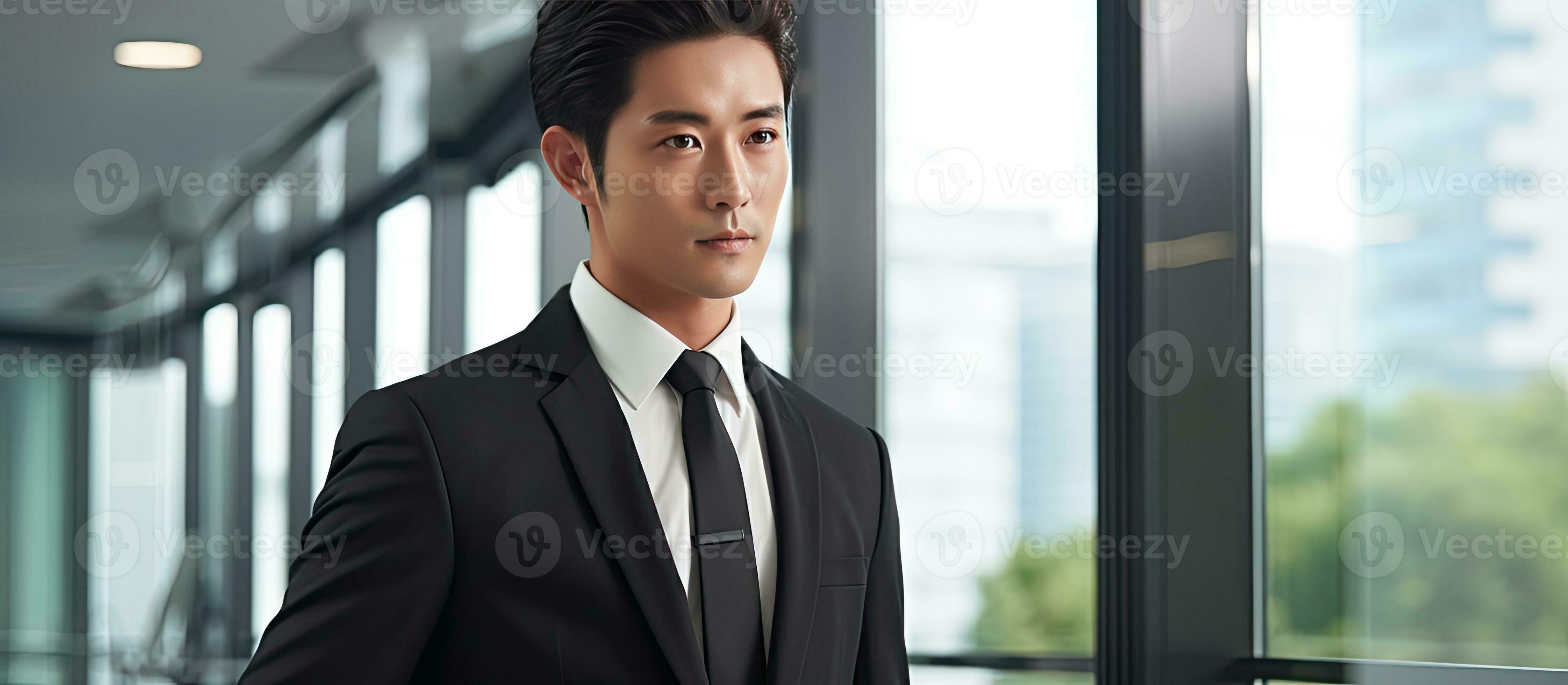 Focused Asian businessman using a tablet working in a modern office