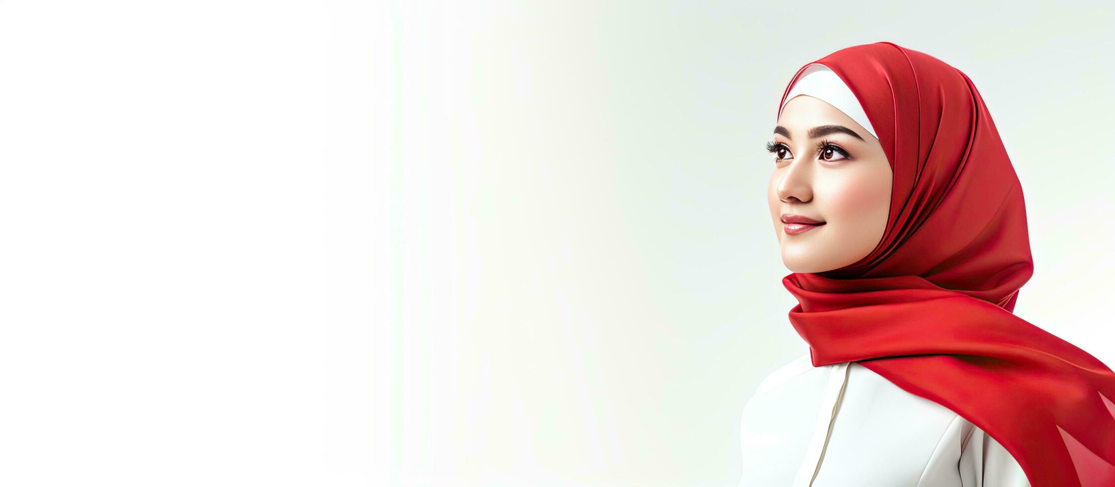 A young woman dressed in hijab and red top gazes at an idea on white background Indonesia s Independence Day photo