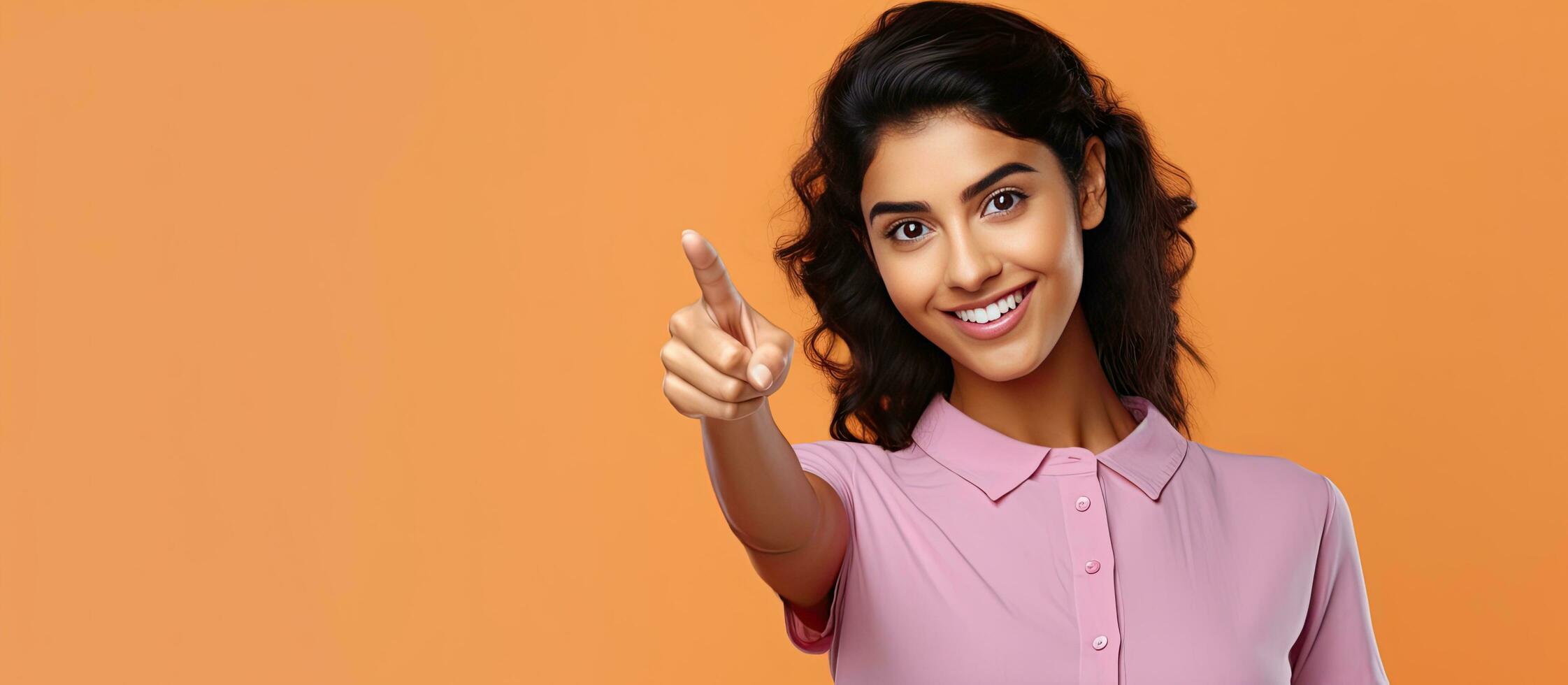 Latin woman wearing orange blouse pointing finger to indicate copy space on a purple background photo