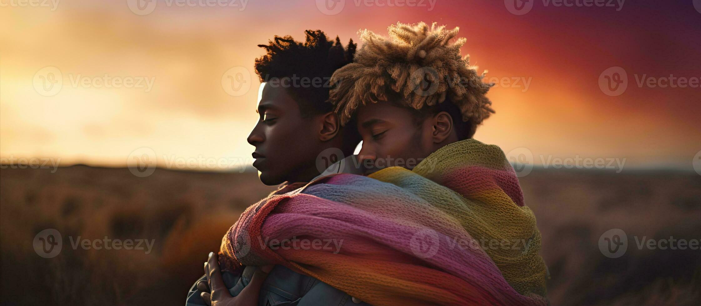 Two people from the LGBT community embracing outside while traveling with an empty area available for text or other content photo