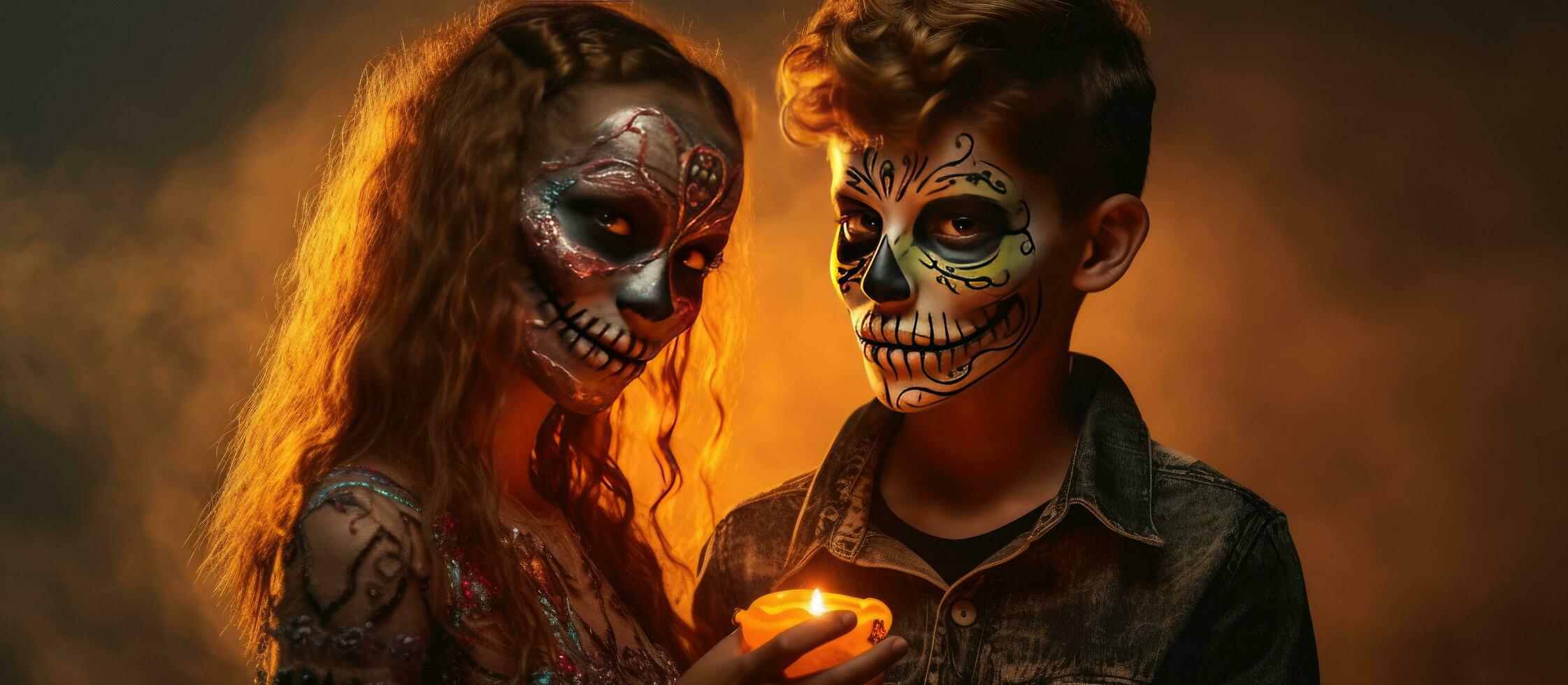 Young witch and sugar skull boy with skeleton and sign Halloween celebration with costumes make up and hairstyle Studio portrait with colorful lighting photo