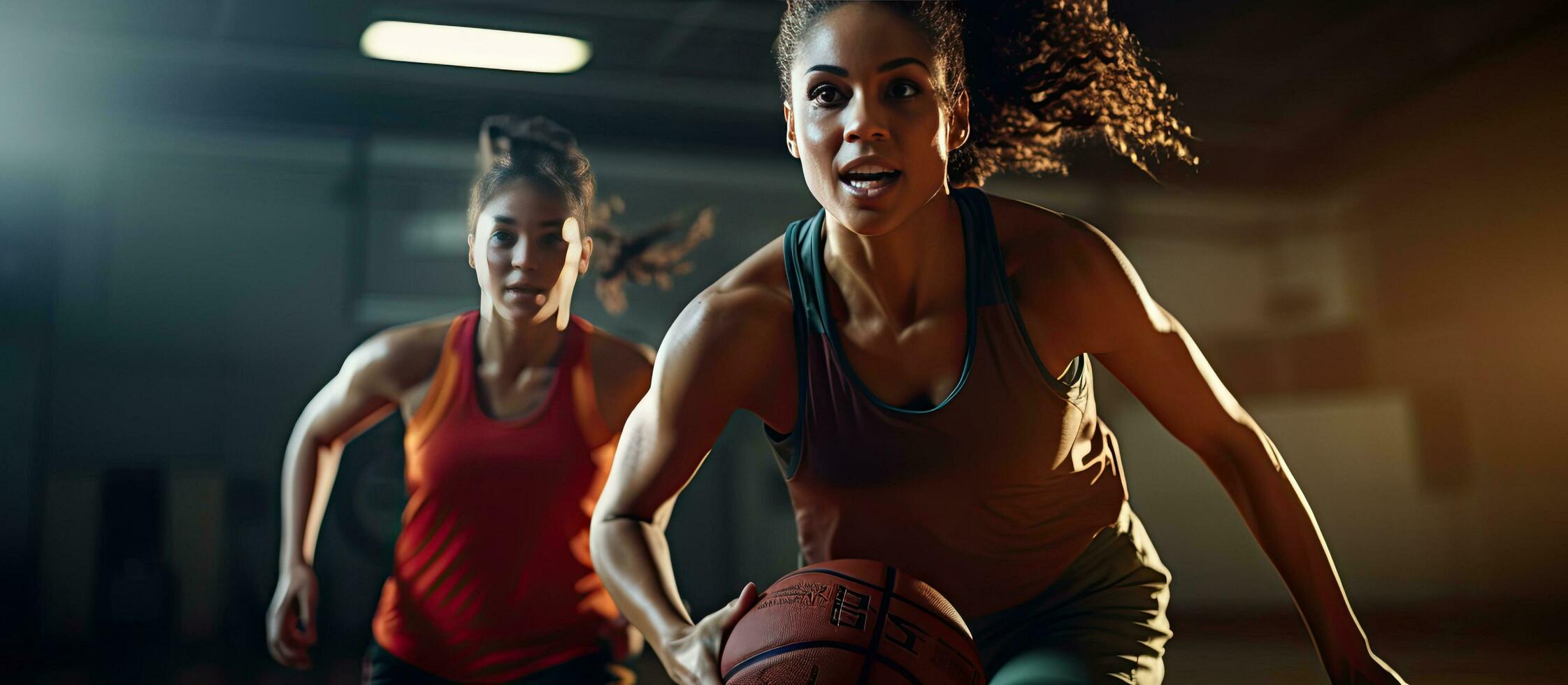 Biracial female basketball players in gym holding and playing basketball Sport activity togetherness and lifestyle unchanged photo