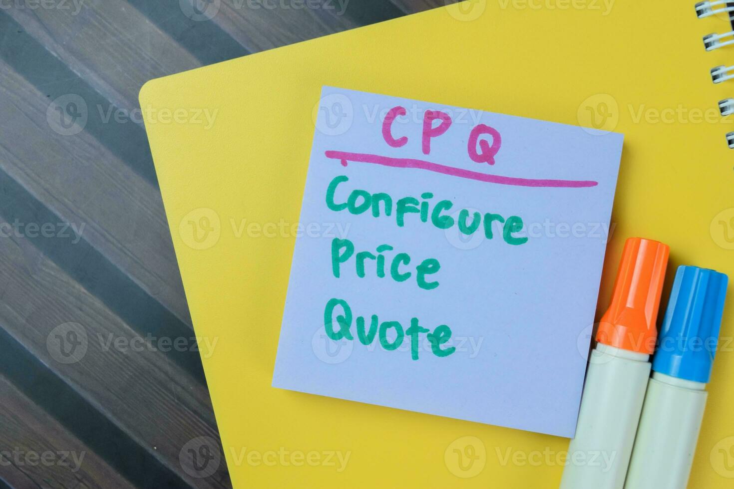 Concept of CPQ - Configure Price Quote write on sticky notes isolated on Wooden Table. photo