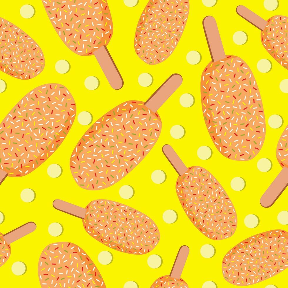 Vector seamless pattern orange ice cream on stick with popsicles on yellow background.