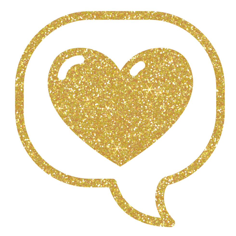 oro Brillantina corazón en habla burbuja en transparente antecedentes. mensaje burbuja con corazón. diseño para decoración, fondo, fondo de pantalla, ilustración. png