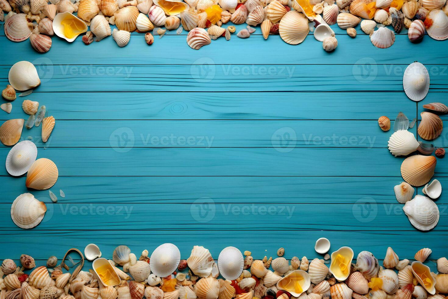 Summer Holiday Banner beach theme with beach accessories on a blue wood background, AI generate photo