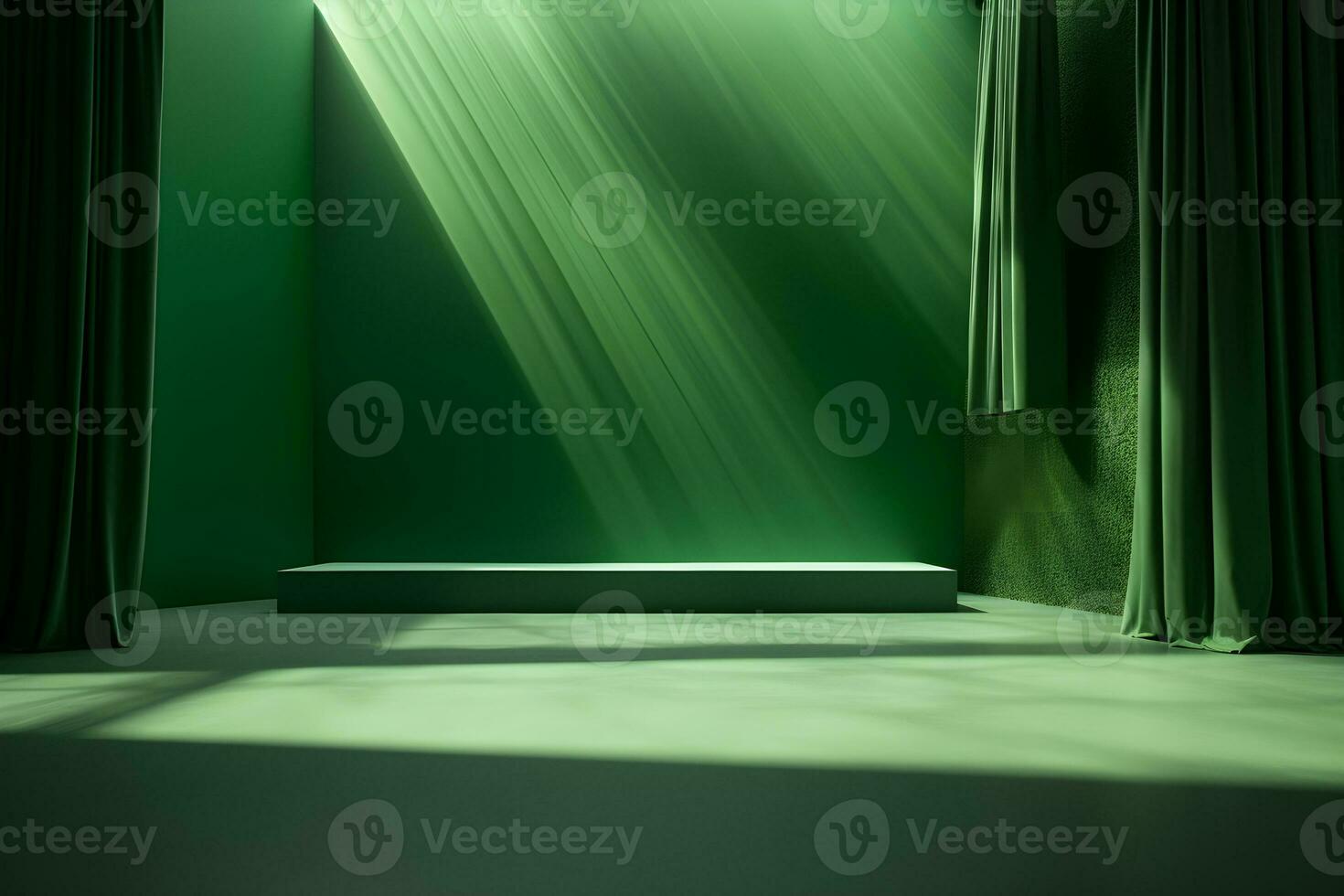 empty room with green wall and blank stage for display of presentation product, with shadow and light from windows, in the style of minimalist background, modern interior concept, AI generate photo