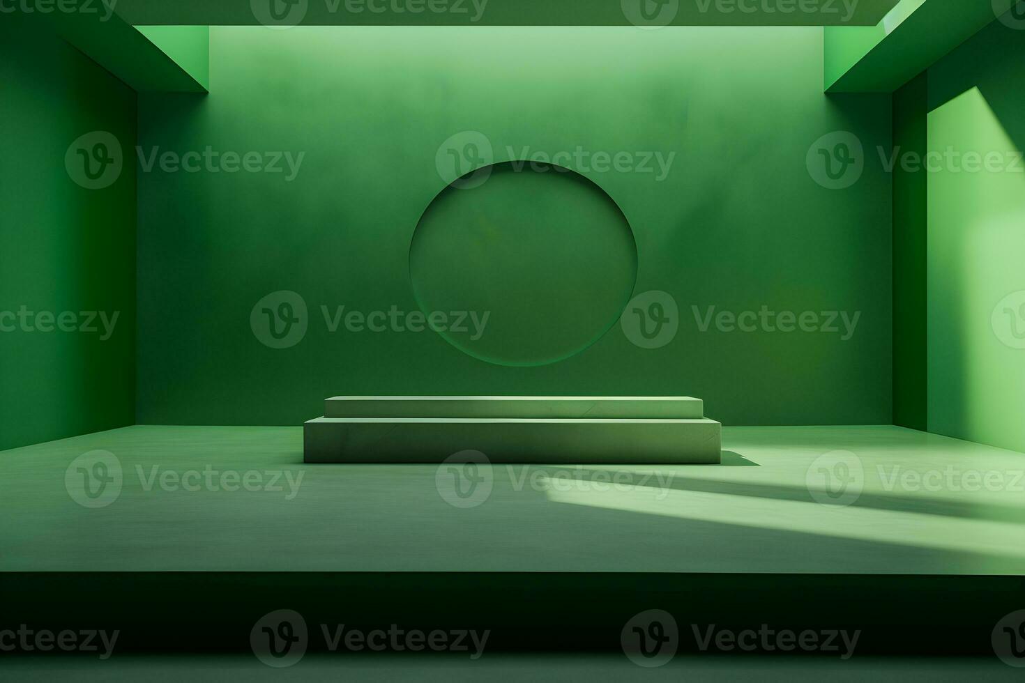empty room with green wall and blank stage for display of presentation product, with shadow and light from windows, in the style of minimalist background, modern interior concept, AI generate photo