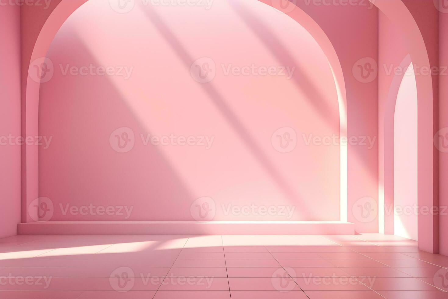 blank stage for display of presentation product with pink wall room with shadow and light from windows, in the style of minimalist background, modern interior concept, AI generate photo