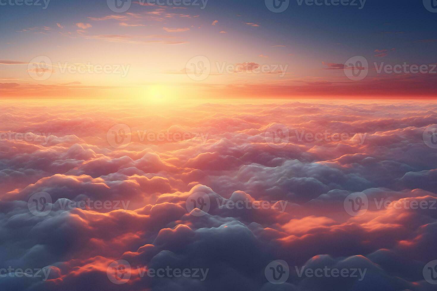 aerial view over the clouds in the sky at sunset, AI generate photo