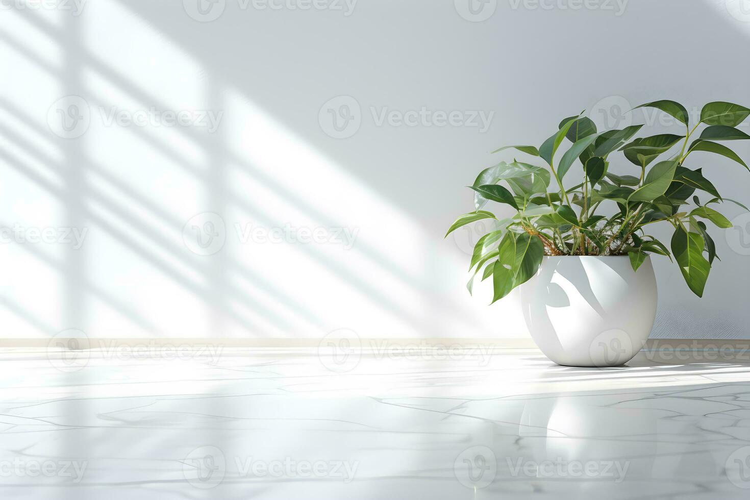 White wall room for display of presentation product with windows showing sunlight, vase and pot with a plant in the style of minimalist background, modern interior concept, AI generate photo