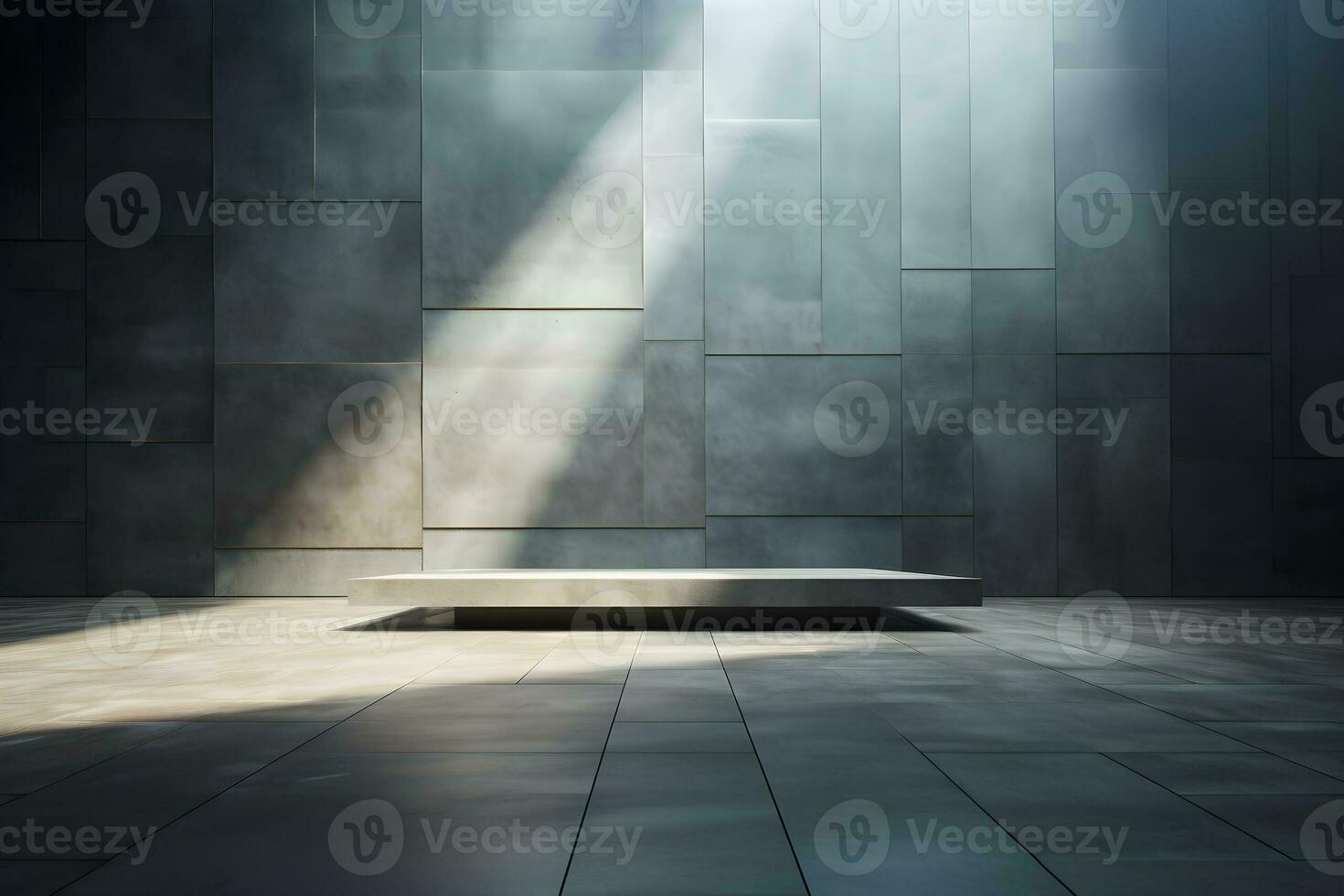 blank stage for display of presentation product with cement wall room with shadow and light from windows, in the style of minimalist background, modern interior concept, AI generate photo