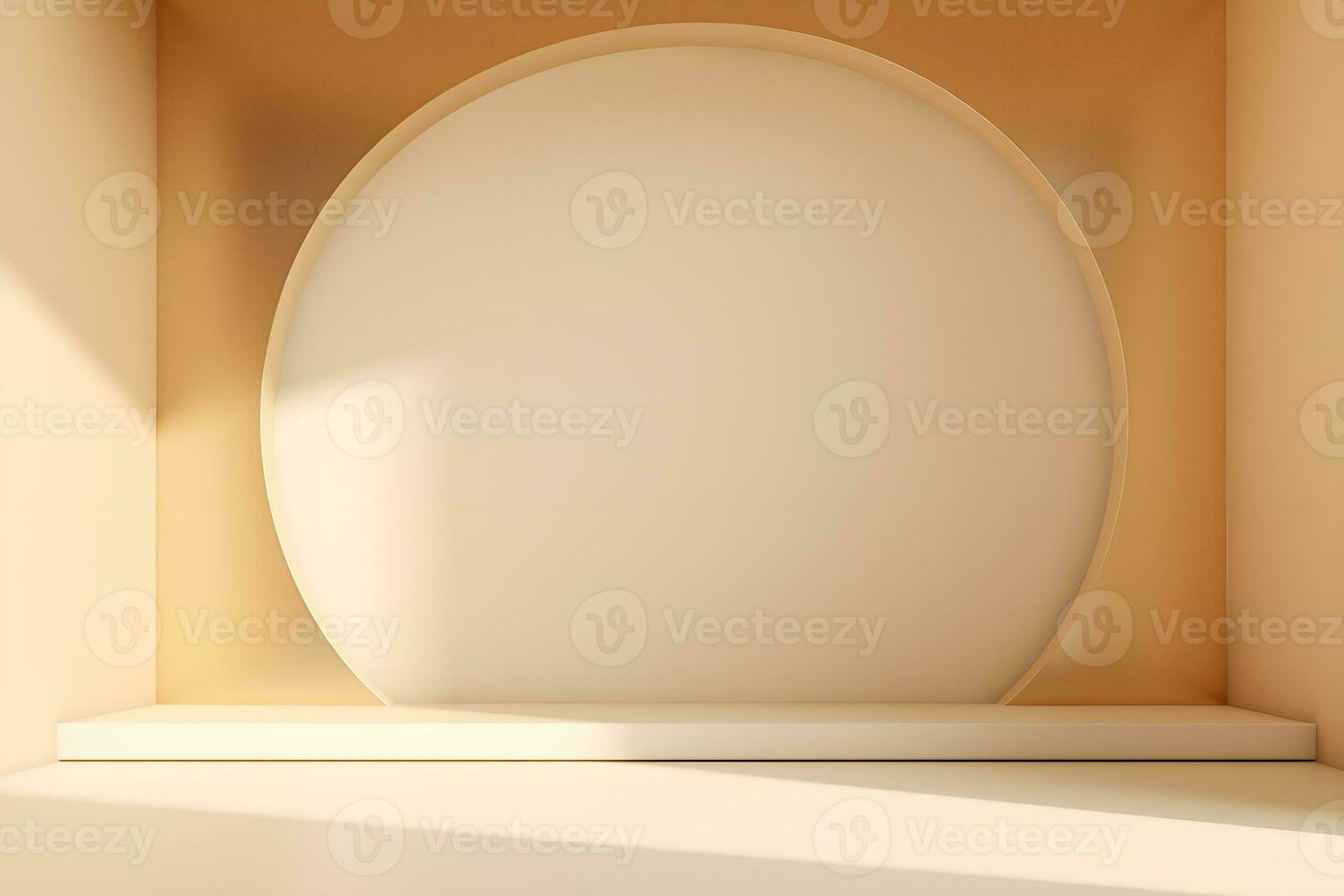 blank stage for display of presentation product with beige wall room with shadow and light from windows, in the style of minimalist background, modern interior concept, AI generate photo