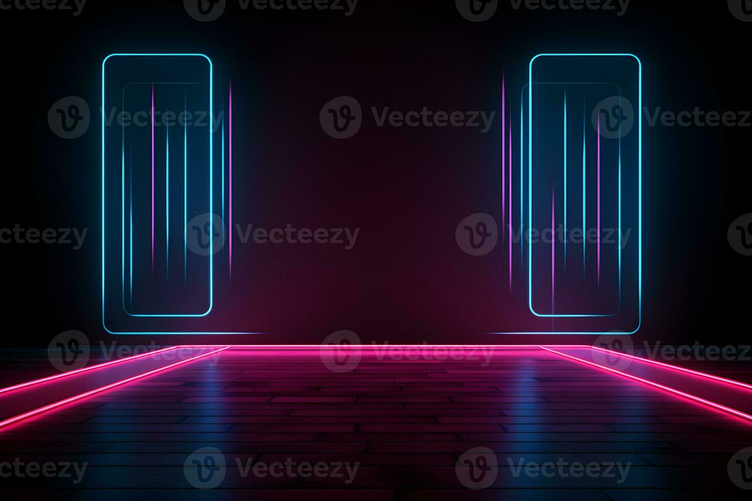 dark room with neon lights glowing lines futuristic retro, Empty background scene. Dark street spotlight reflection Rays neon light in the dark, neon figures abstract spotlight, AI generate photo