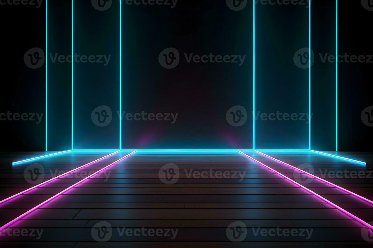 dark room with neon lights glowing lines futuristic retro, Empty background scene. Dark street spotlight reflection Rays neon light in the dark, neon figures abstract spotlight, AI generate photo