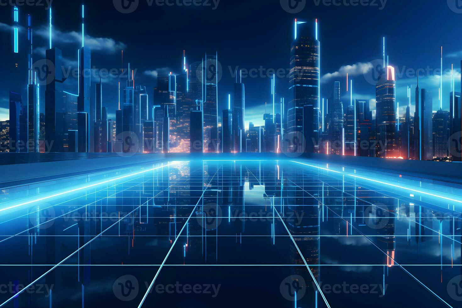 Skyline at night technology background with modern building and city, AI generate photo