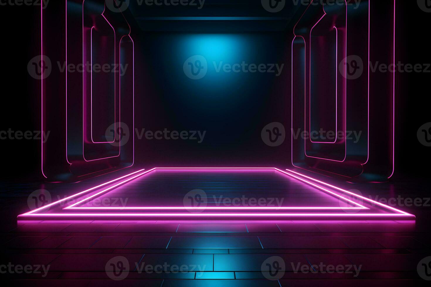 dark room with neon lights glowing lines futuristic retro, Empty background scene. Dark street spotlight reflection Rays neon light in the dark, neon figures abstract spotlight, AI generate photo