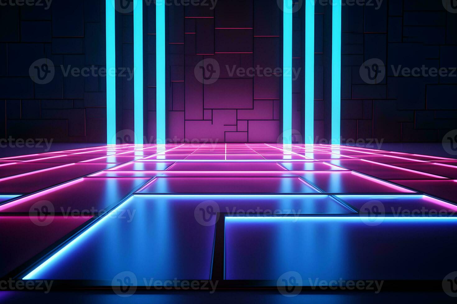 dark room with neon lights glowing lines futuristic retro, Empty background scene. Dark street spotlight reflection Rays neon light in the dark, neon figures abstract spotlight, AI generate photo