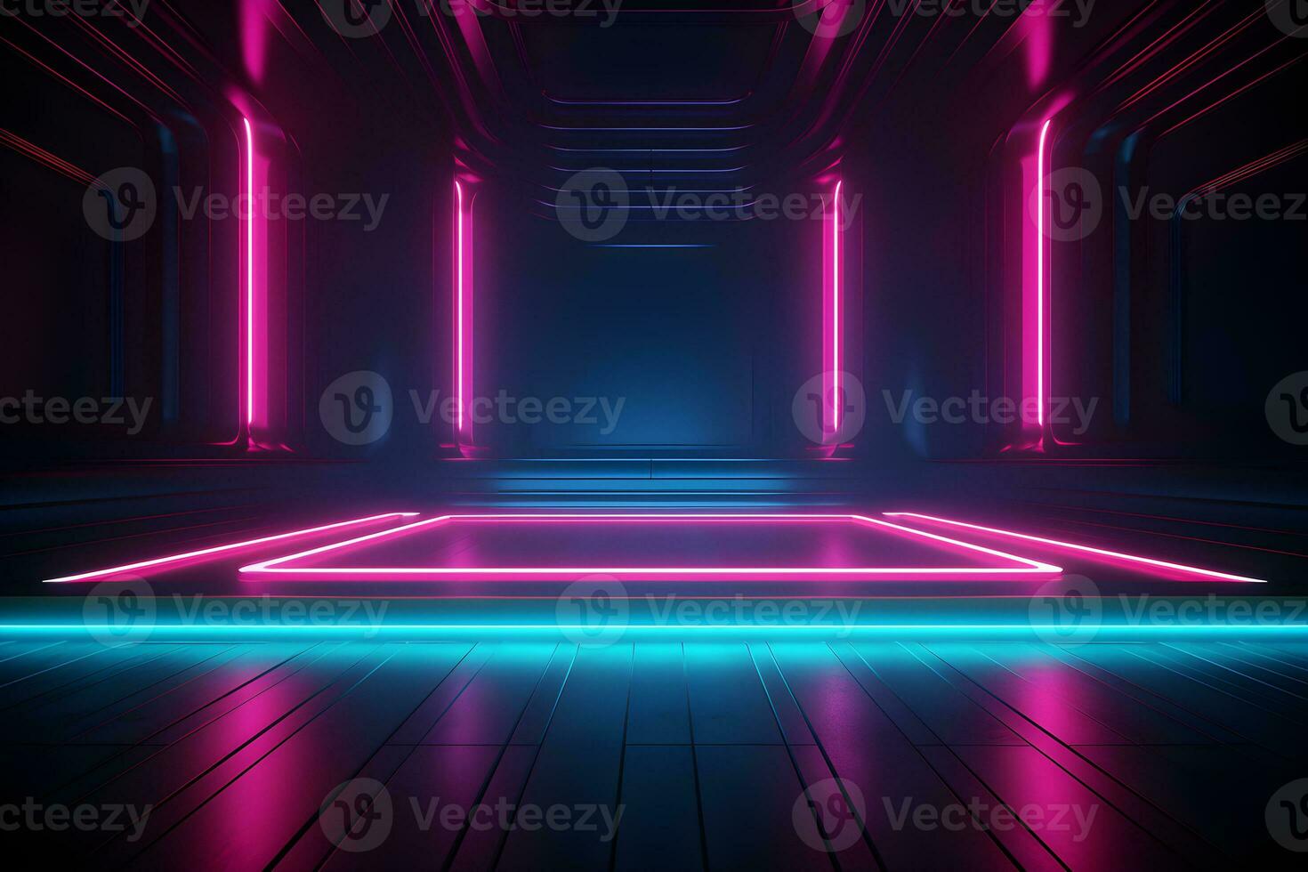 dark room with neon lights glowing lines futuristic retro, Empty background scene. Dark street spotlight reflection Rays neon light in the dark, neon figures abstract spotlight, AI generate photo
