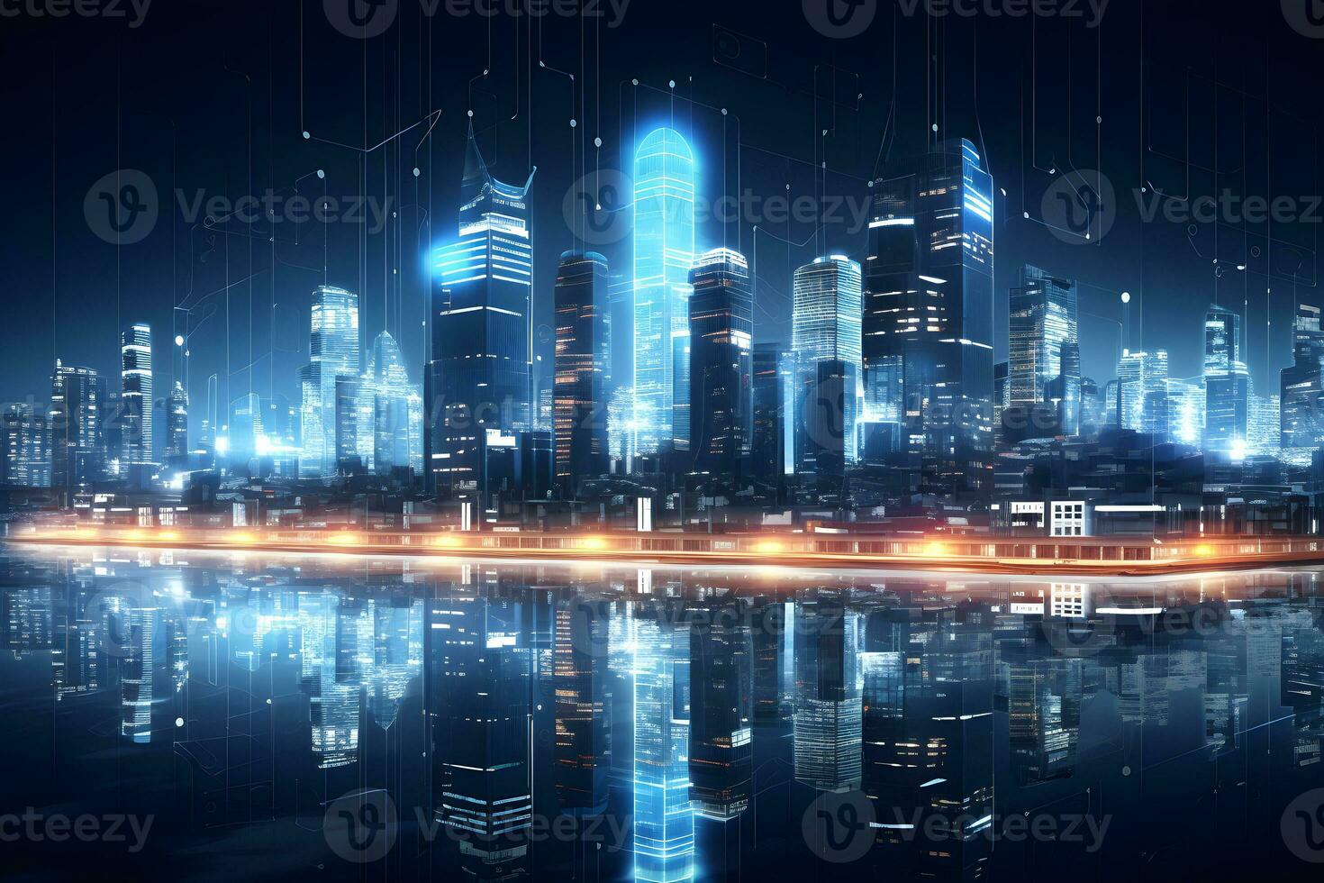 Skyline at night technology background with modern building and city, AI generate photo