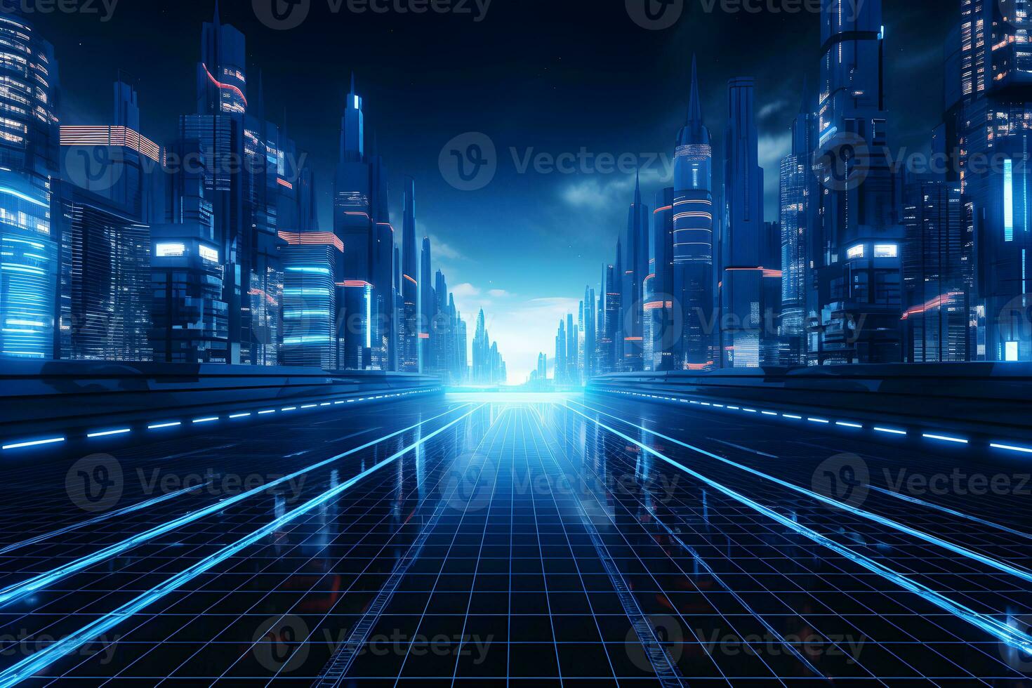 Skyline at night technology background with modern building and city, AI generate photo