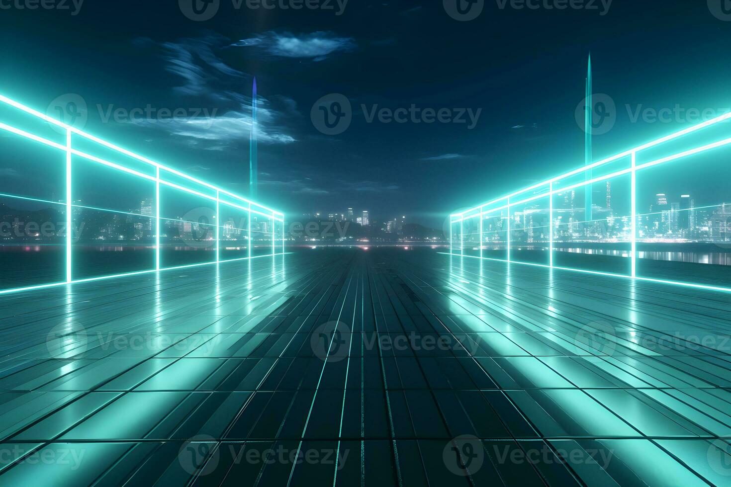 abstract background with lines Skyline at night technology background with modern building and city, AI generate photo