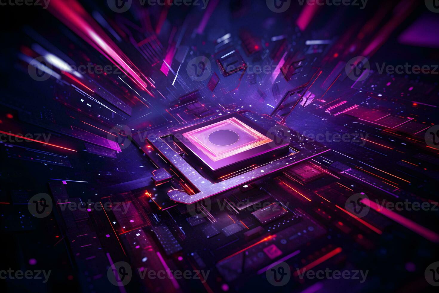technology background with code glowing lights abstract design concept in purple colors, AI generate photo