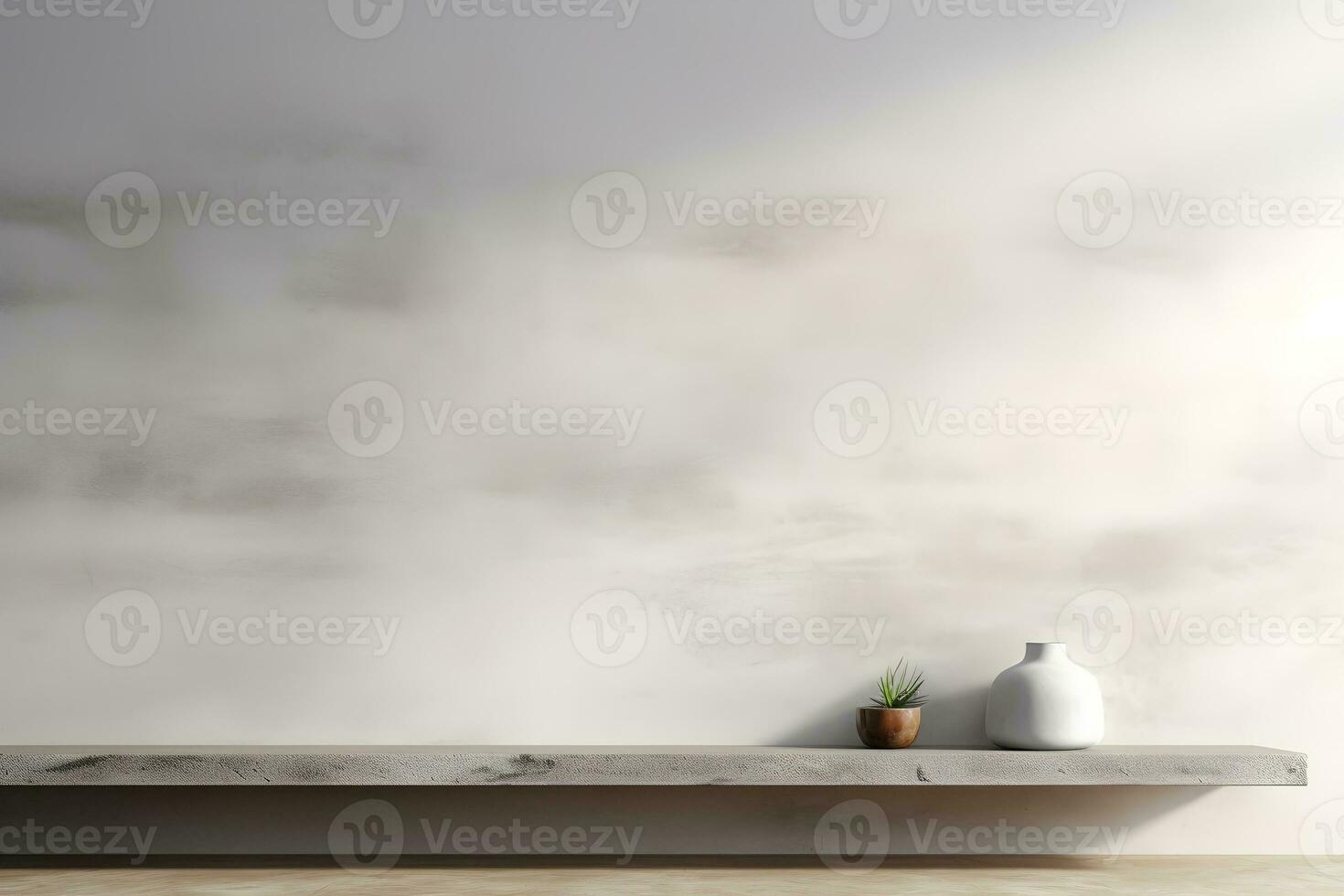 blank shelf for display of presentation product with Gray wall room with windows showing sunlight, vase and pot with a plant in the style of minimalist background, modern interior concept, AI generate photo