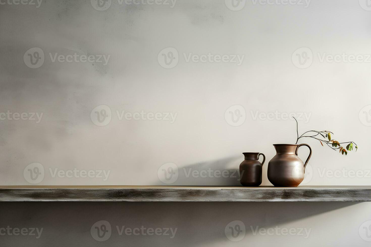 blank shelf for display of presentation product with Gray wall room with windows showing sunlight, vase and pot with a plant in the style of minimalist background, modern interior concept, AI generate photo