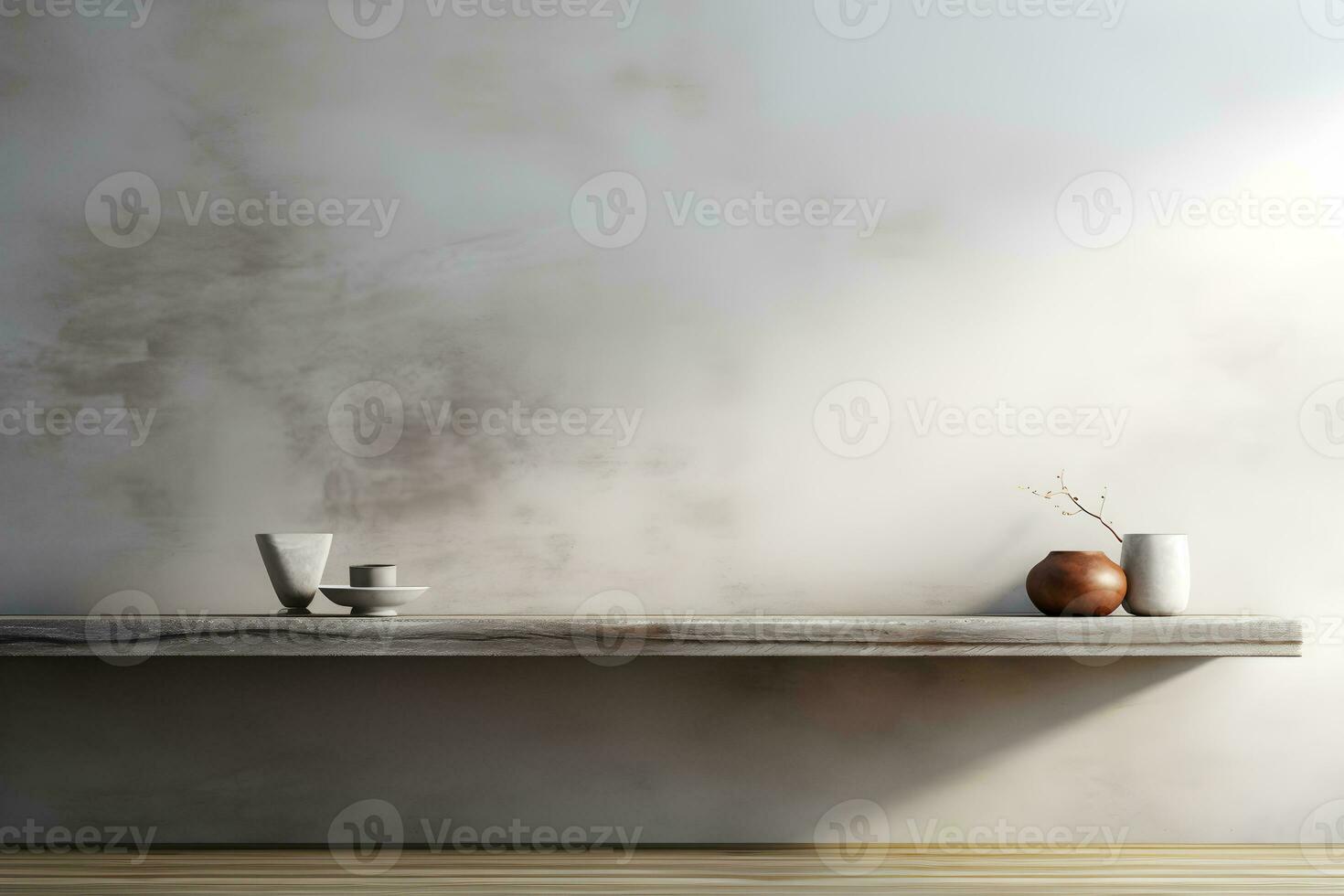 blank shelf for display of presentation product with Gray wall room with windows showing sunlight, vase and pot with a plant in the style of minimalist background, modern interior concept, AI generate photo