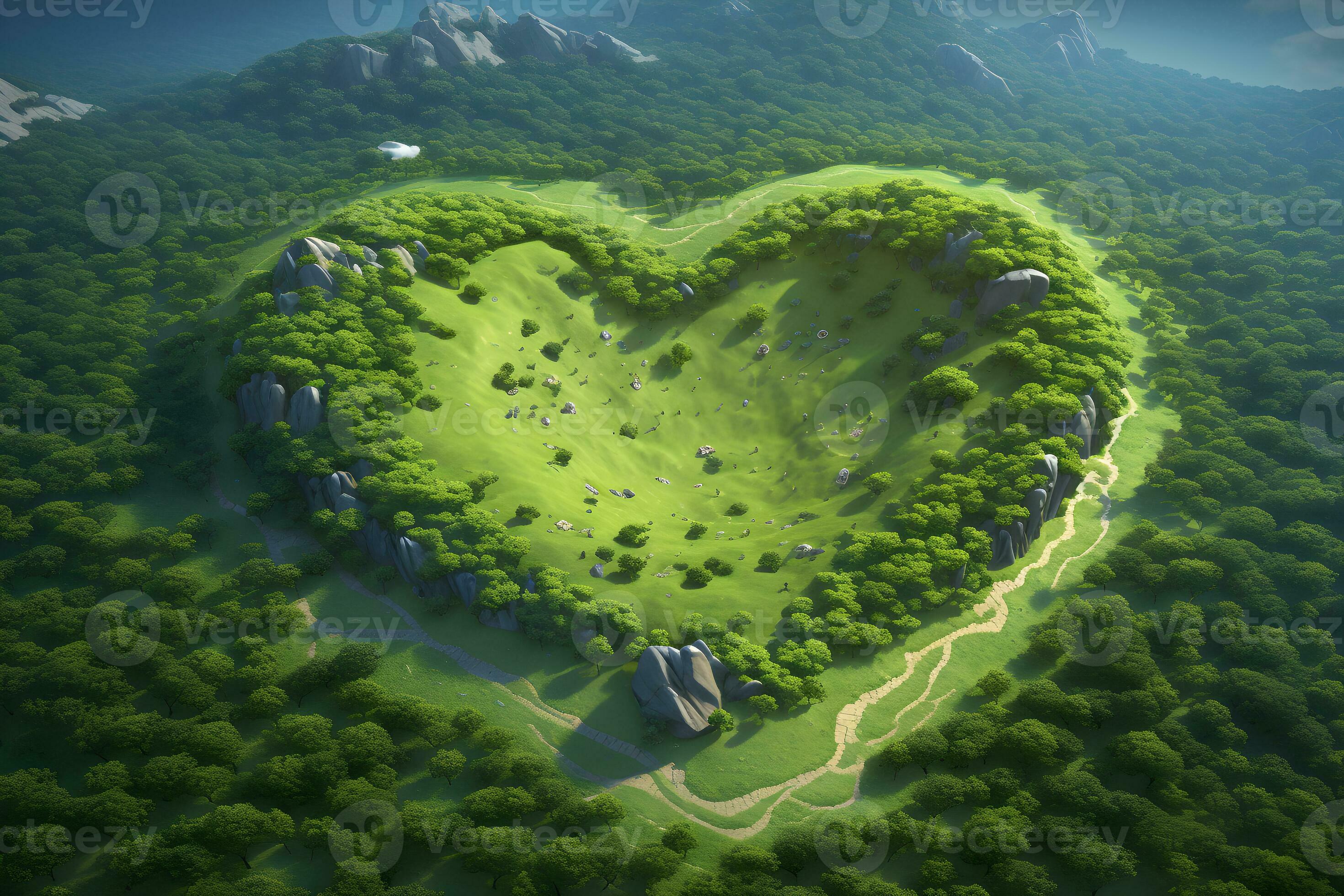 Aerial top view heart shaped forest tree, Rainforest ecosystem and