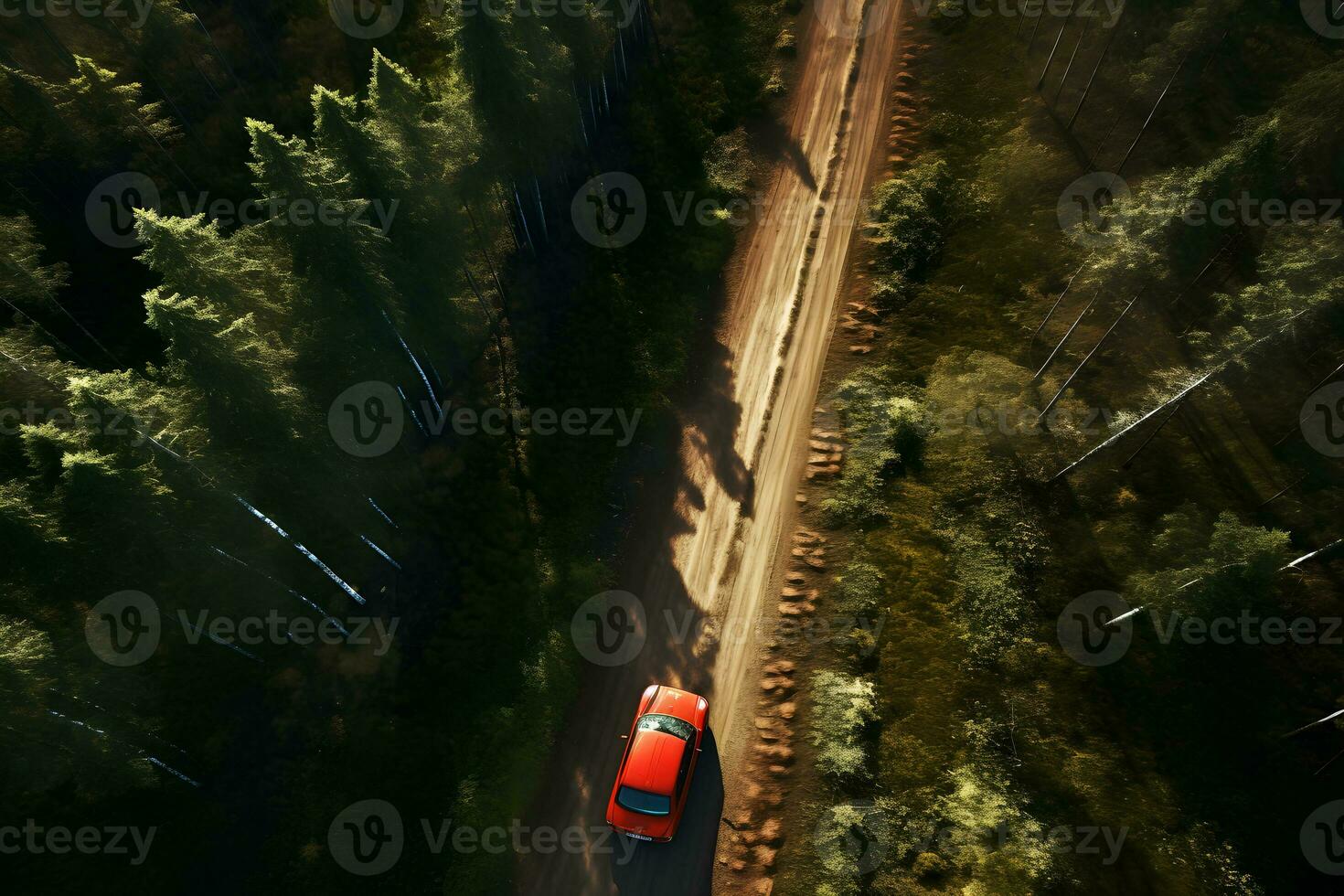 Road through the green forest, Aerial view red car drive going through forest, Aerial top view forest, AI generate photo