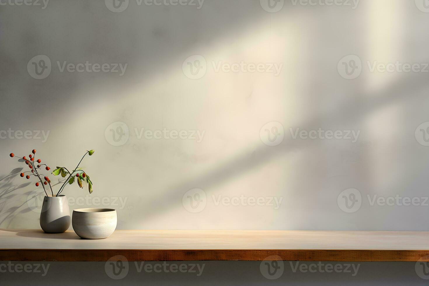 blank shelf for display of presentation product with Gray wall room with windows showing sunlight, vase and pot with a plant in the style of minimalist background, modern interior concept, AI generate photo