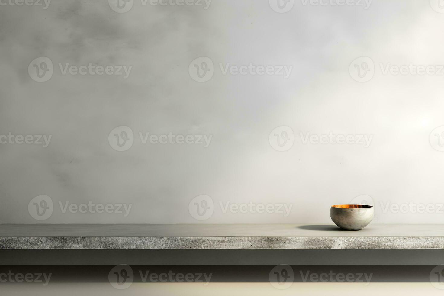 blank shelf for display of presentation product with Gray wall room with windows showing sunlight, vase and pot with a plant in the style of minimalist background, modern interior concept, AI generate photo