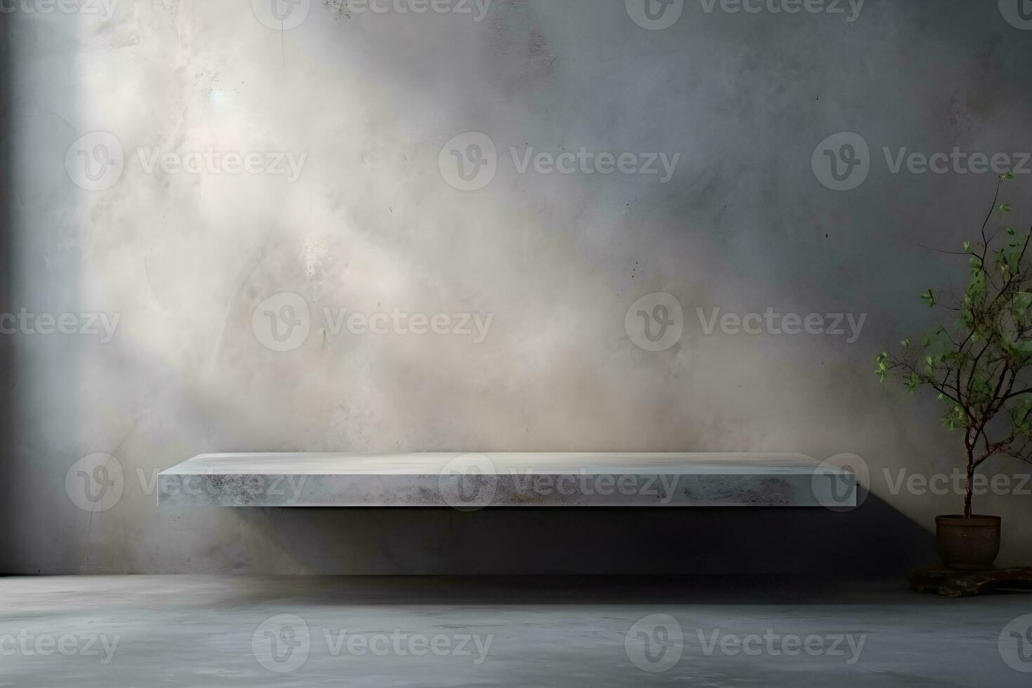 blank shelf for display of presentation product with Gray wall room with windows showing sunlight, vase and pot with a plant in the style of minimalist background, modern interior concept, AI generate photo