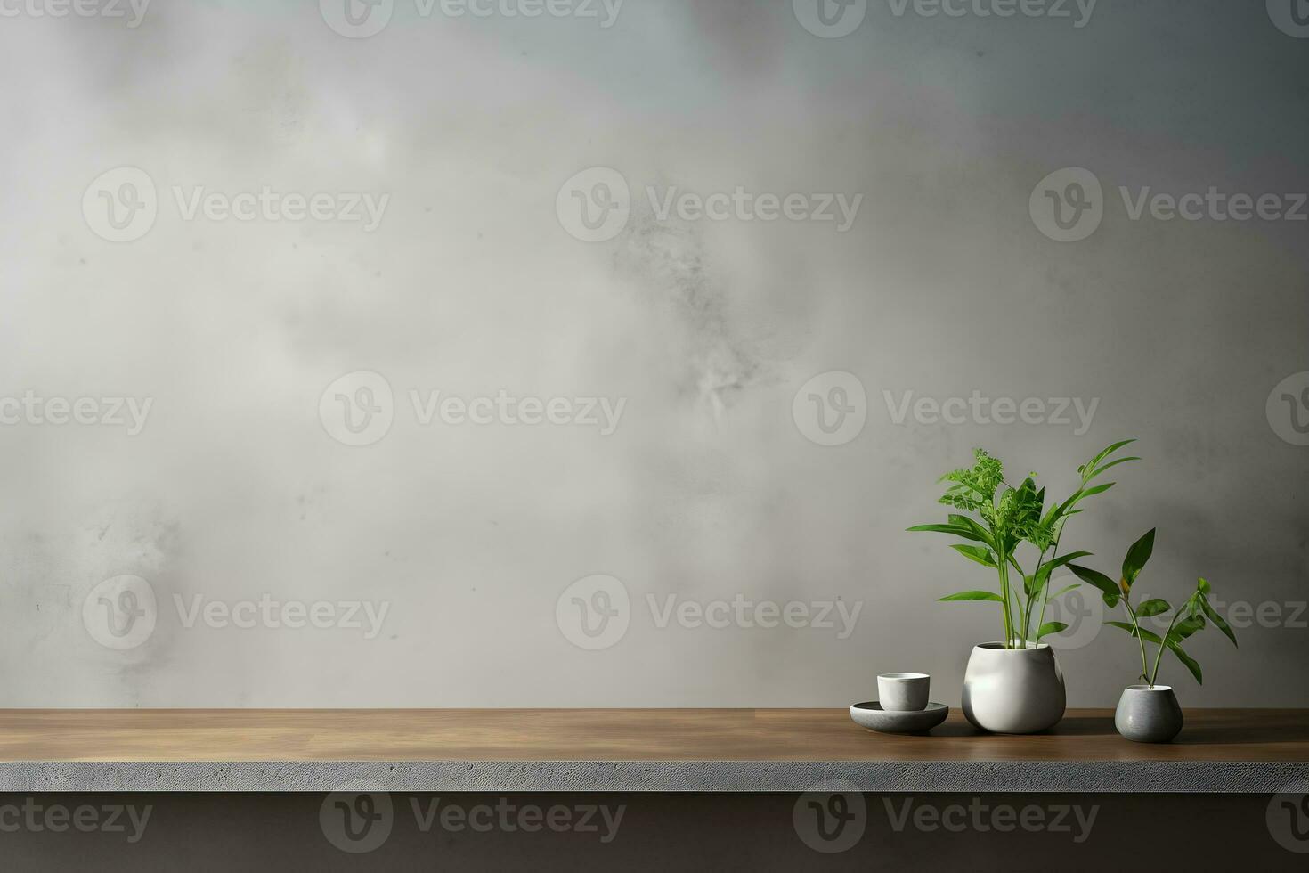 blank shelf for display of presentation product with Gray wall room with windows showing sunlight, vase and pot with a plant in the style of minimalist background, modern interior concept, AI generate photo