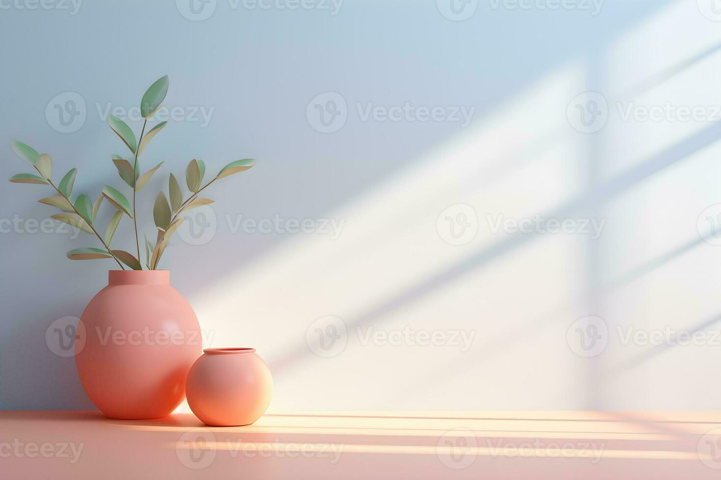 pastel wall room with sunlight window, vase and pot with a plant in the style of minimalist background, mockup for display of presentation product modern interior concept, AI generate photo