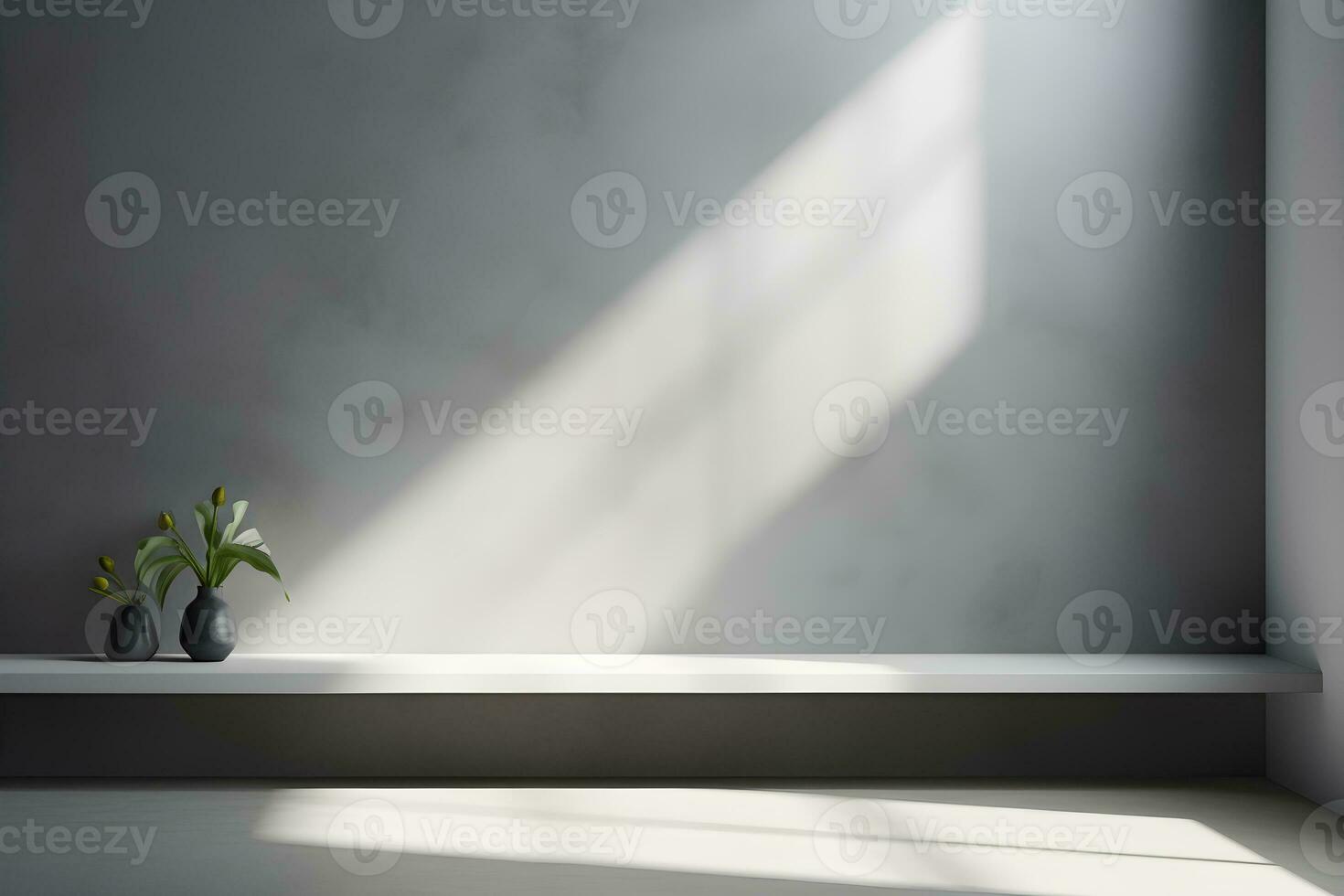 Table for display of presentation product with Gray wall room with windows showing sunlight, vase and pot with a plant in the style of minimalist background, modern interior concept, AI generate photo