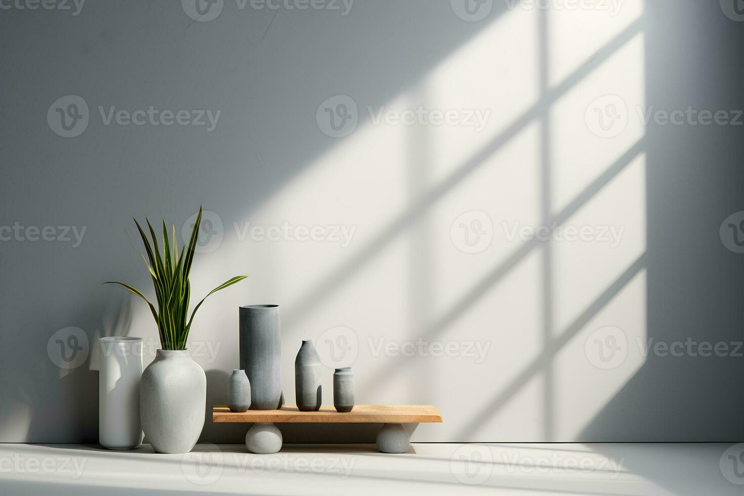 Table for display of presentation product with Gray wall room with windows showing sunlight, vase and pot with a plant in the style of minimalist background, modern interior concept, AI generate photo