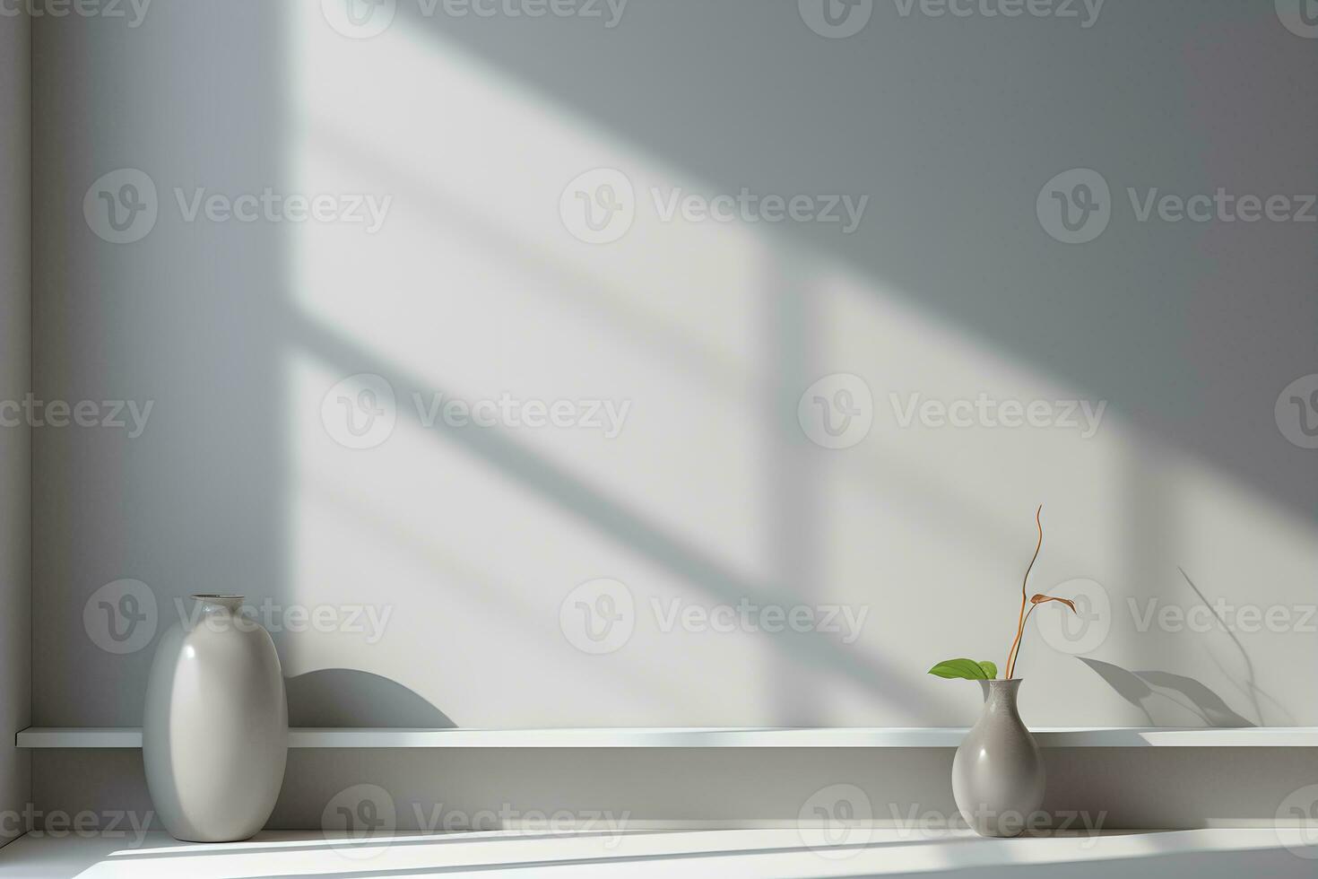 Table for display of presentation product with Gray wall room with windows showing sunlight, vase and pot with a plant in the style of minimalist background, modern interior concept, AI generate photo