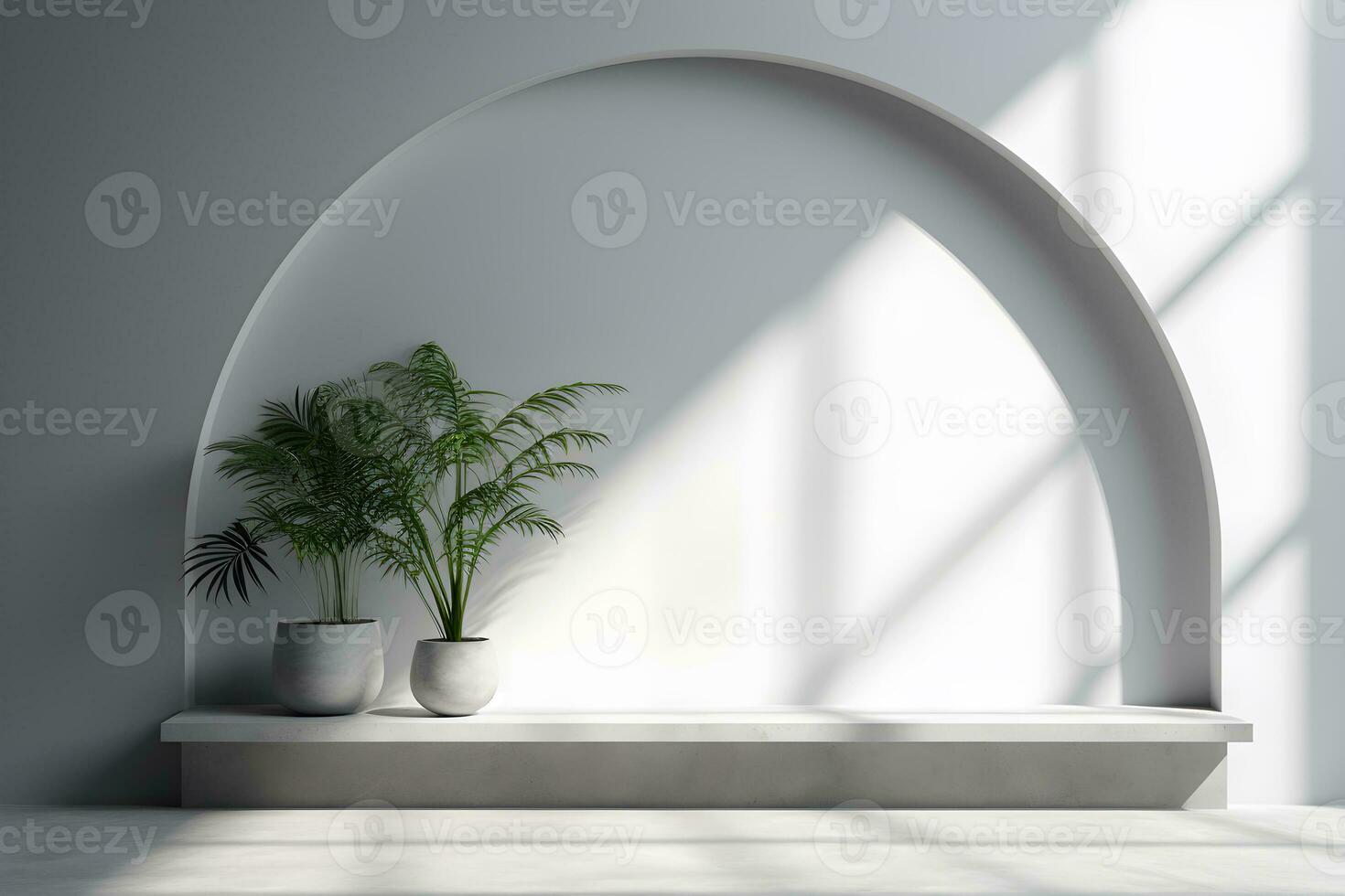 Table for display of presentation product with Gray wall room with windows showing sunlight, vase and pot with a plant in the style of minimalist background, modern interior concept, AI generate photo