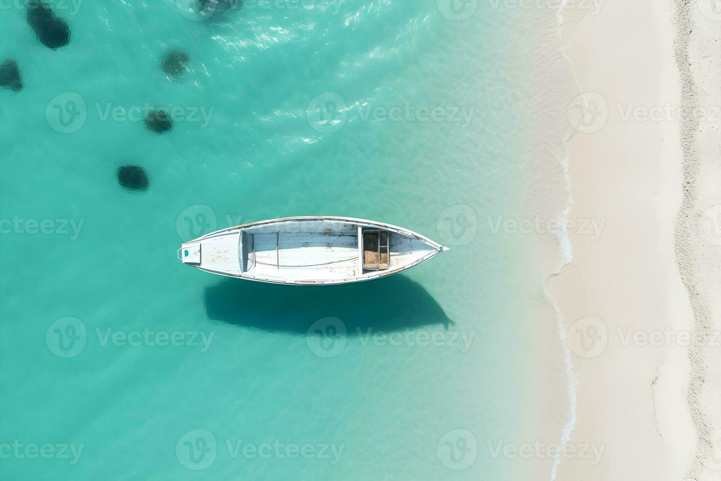 aéreo parte superior ver de un barco en el mar playa, ai generar foto