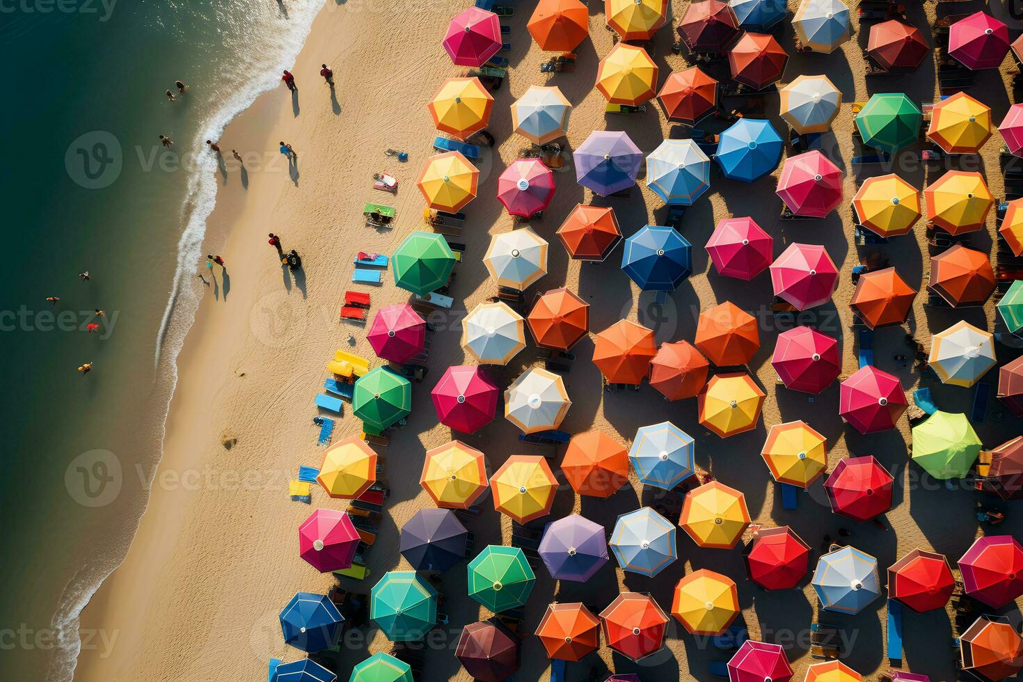 Aerial top view on the beach. Colorful Umbrellas, sand and sea beach, AI generate photo
