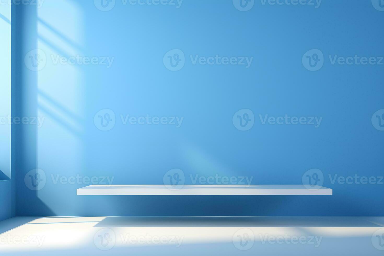 Table for display of presentation product with blue wall room with windows showing sunlight, vase and pot with a plant in the style of minimalist background, modern interior concept, AI generate photo