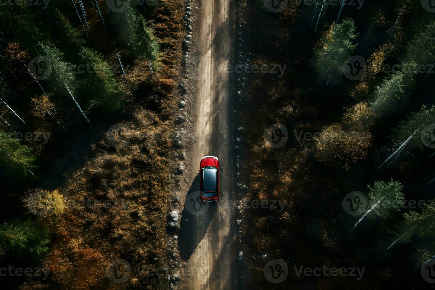 Road through the green forest, Aerial view red car drive going through forest, Aerial top view forest, AI generate photo
