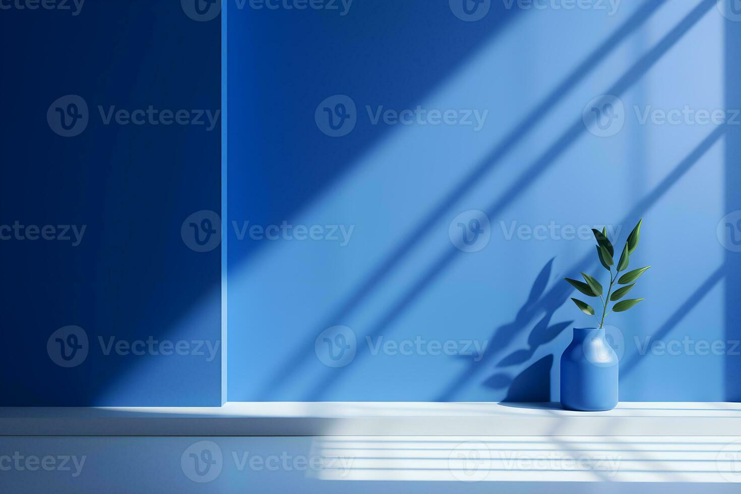 blue wall room with sunlight window, vase and pot with a plant in the style of minimalist background, mockup for display of presentation product modern interior concept, AI generate photo