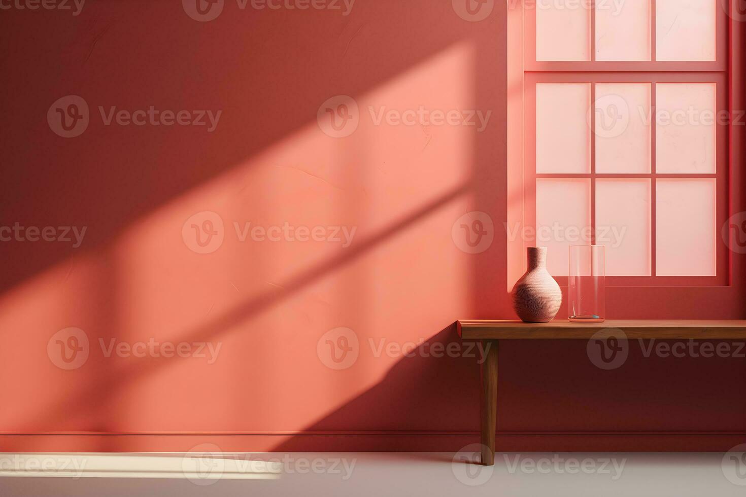 Table for display of presentation product with red wall room with windows showing sunlight, in the style of minimalist background, modern interior concept, AI generate photo